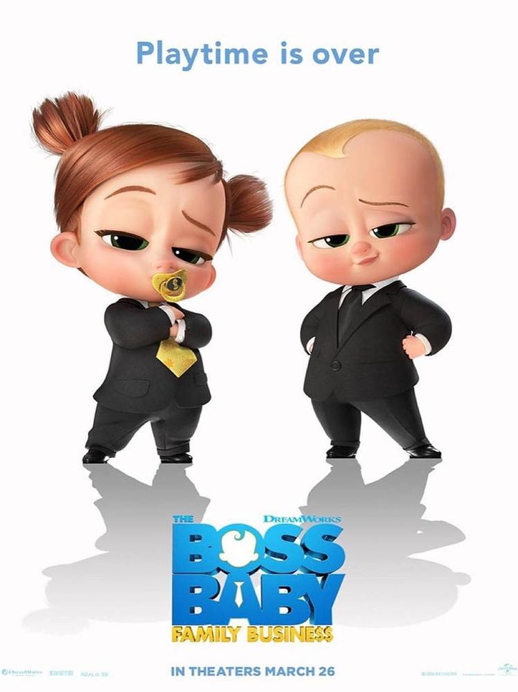 ایمی سدارس و الک بالدوین در پوستر فیلم «بچه رئیس 2: تجارت خانوادگی» (The Boss Baby: Family Business)